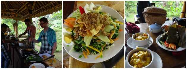 Me in action (left), Gado-gado (middle), Balineese vegetable curry&nbsp;(right)